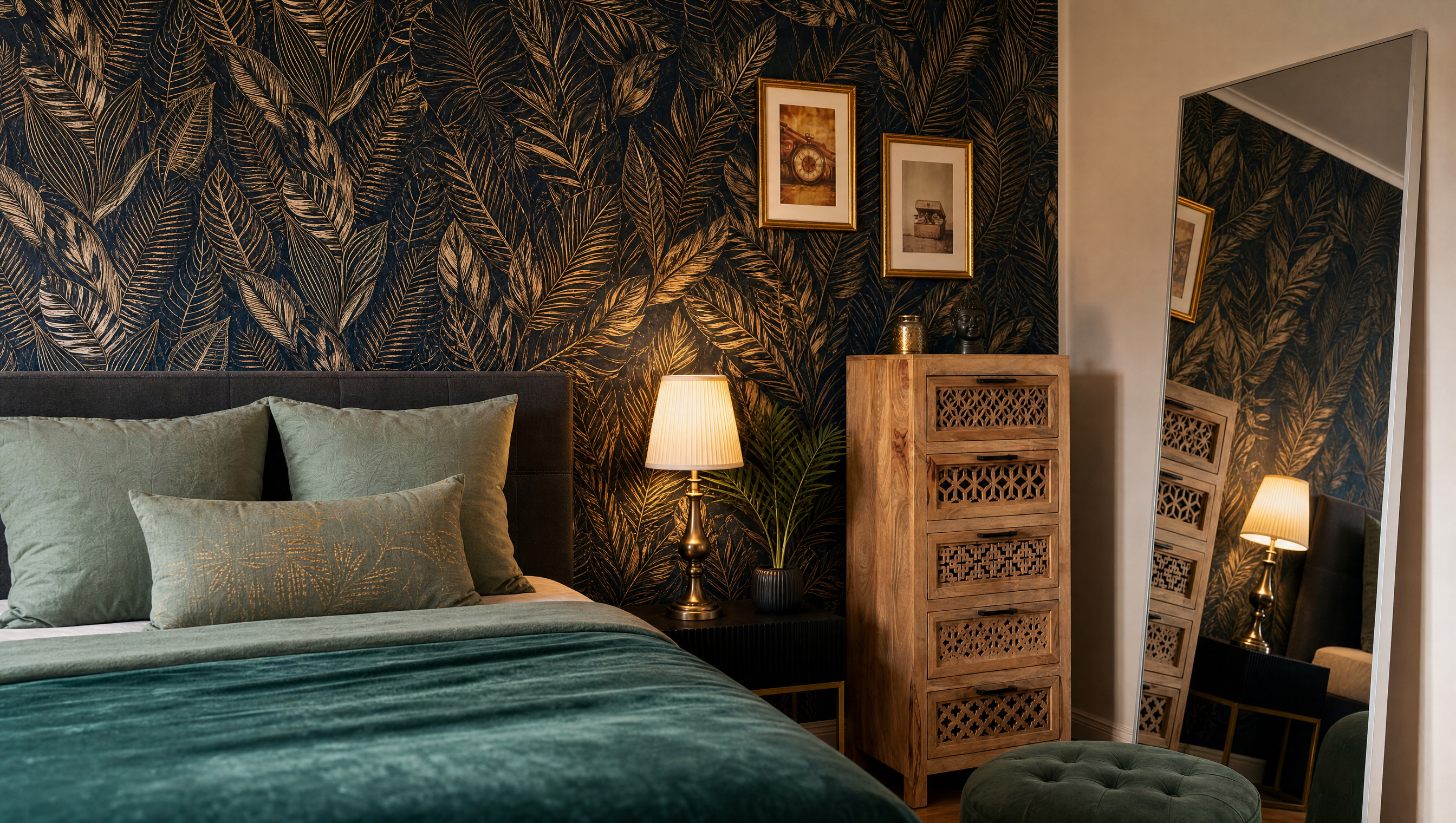 Schlafzimmer mit gemusterter Wand